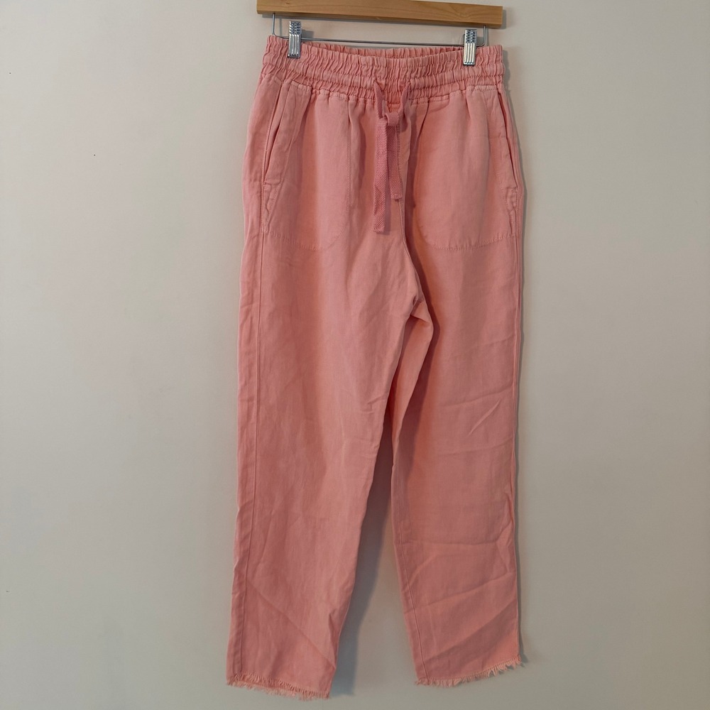 ZARA Linen Blend Smocked Waist Raw Hem Straight Leg Trousers Peach Womens Size M